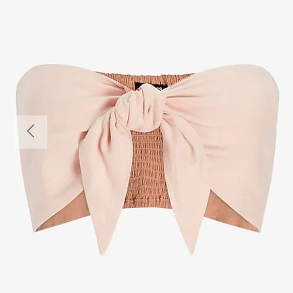 EXPRESS Linen-Blend Tie Front Bandeau Top / Crop Top in Pale Pink NWT (L + XL) - Picture 2 of 16